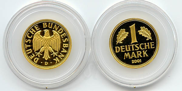 BRD 1 DM J481 Goldmark 12g Gold fein original vz-st D (München) Münzenvorderseite und Münzenrückseite in Münzkapsel zusammen