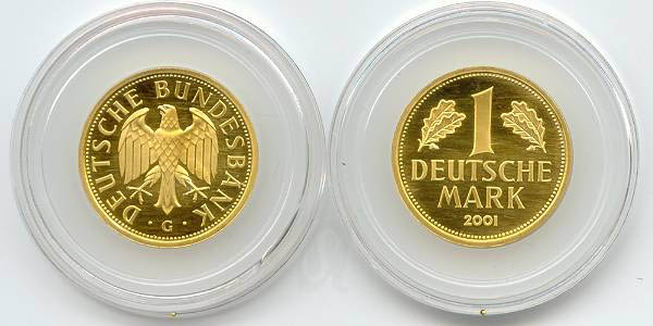 BRD 1 DM J481 Goldmark 12g Gold fein original vz-st G (Karlsruhe) Münzenvorderseite und Münzenrückseite in Münzkapsel zusammen