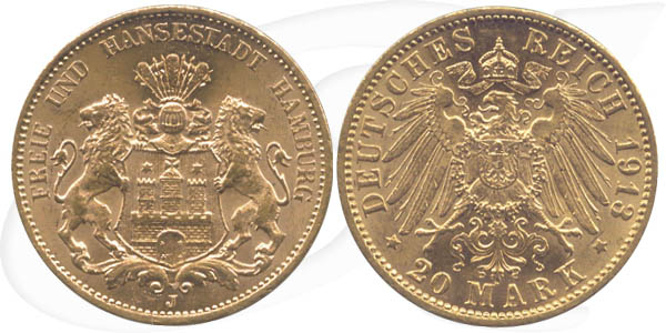 Deutschland Hamburg 20 Mark Gold 1913 vz-st Wappen