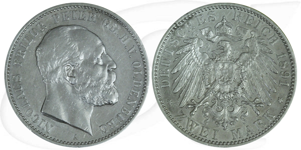 Kaiserreich - Oldenburg 2 Mark 1891 A ss Nicolaus Friedrich Peter