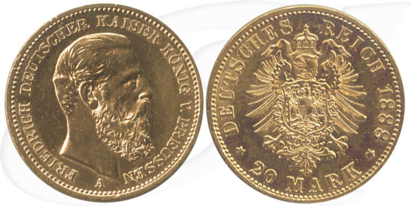 Deutschland Preussen 20 Mark Gold 1888 A vz Friedrich III.