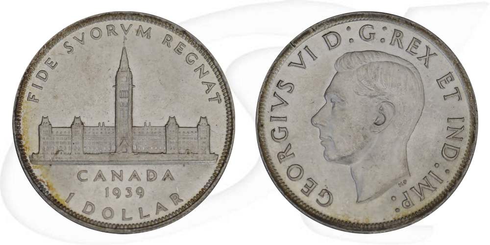 kanada-1939-parlamentgebaeude-ottawa-1-dollar-silber Münze Vorderseite und Rückseite zusammen