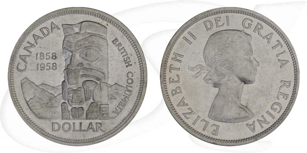 kanada-1958-totempfahl-1-dollar-silber Münze Vorderseite und Rückseite zusammen