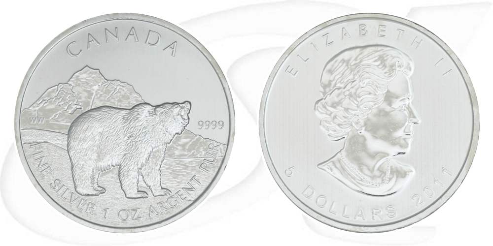 Silbermünze Kanada 5 Dollar 2011 Silber - Bildseite Grizzly - Wertseite Queen Elisabeth II.