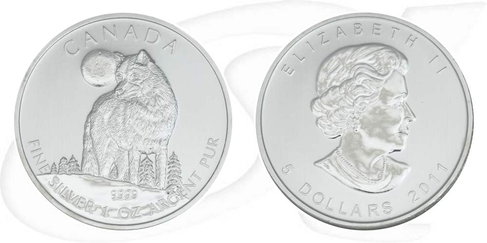 Silbermünze Kanada 5 Dollar 2011 BU - Bildseite Wolf - Wertseite Queen Elisabeth II.