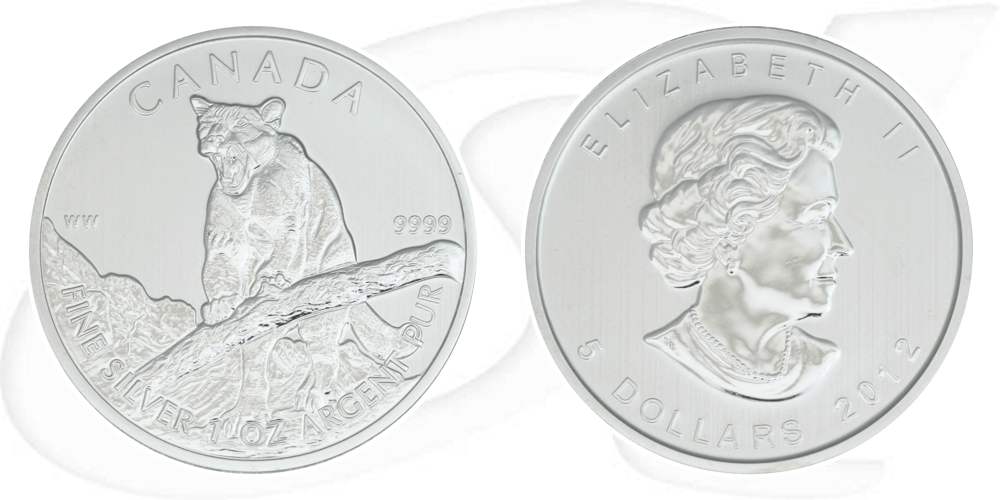 Silbermünze Kanada 5 Dollar 2012 Silber - Bildseite Puma (Cougar) - Wertseite Queen Elisabeth II.