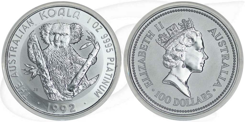Koala 1992 Platin 100 Dollar Münze Vorderseite und Rückseite zusammen