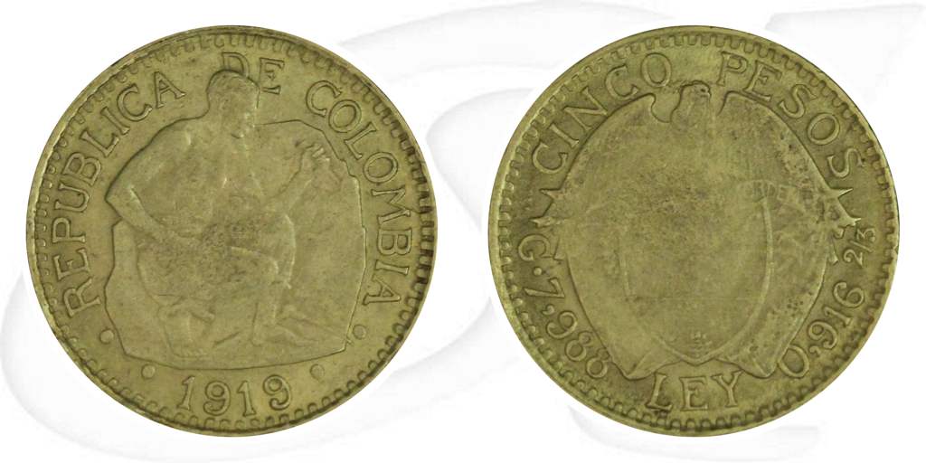 Kolumbien 5 Pesos 1919 Gold 7,32 gr. fein Bergwerk ss Münze Vorderseite und Rückseite zusammen