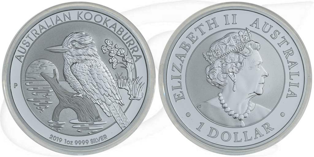 Australien Kookaburra 2019 1 Dollar Silber 1oz st Münze Vorderseite und Rückseite zusammen