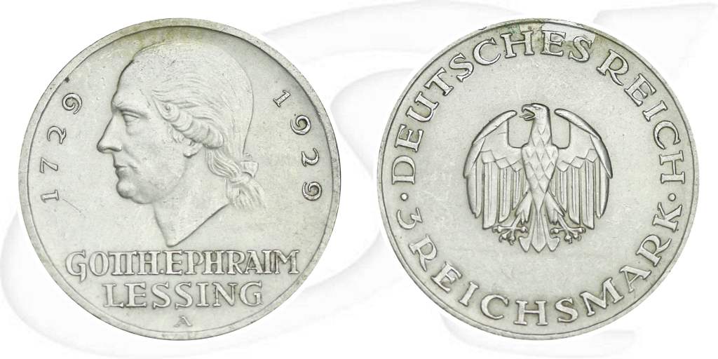 Lessing 1929 Weimar 3 Reichsmark Münze Vorderseite und Rückseite zusammen
