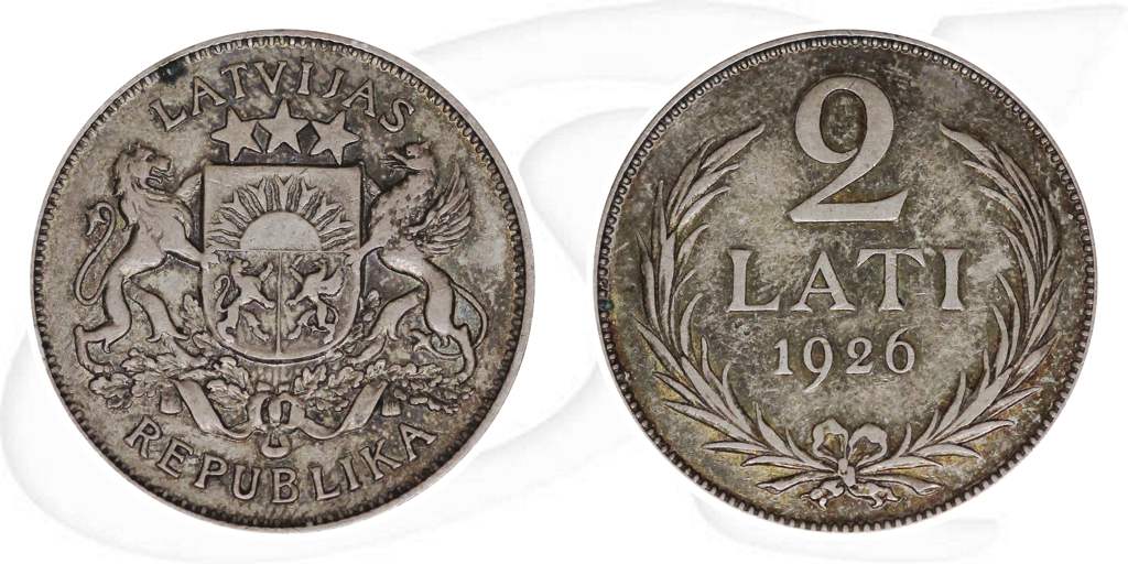 Lettland 1926 2 Lati Kursmünze Münze Vorderseite und Rückseite zusammen