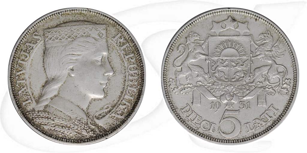 Lettland 1931 5 Lati Kursmünze Trachtenmädchen Münze Vorderseite und Rückseite zusammen