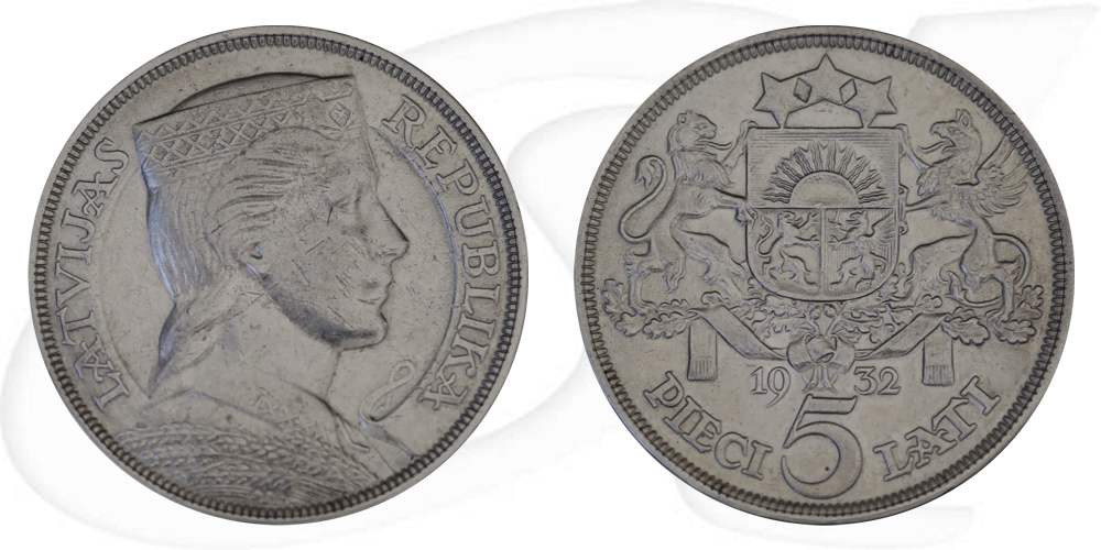 lettland-1929-5-lati-trachtenmaedchen-kursmuenze Münze Vorderseite und Rückseite zusammen