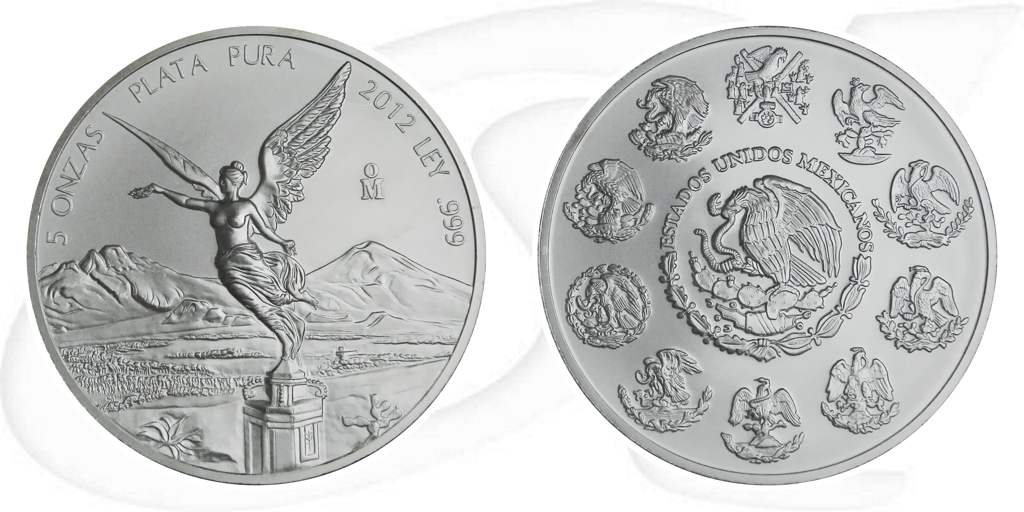 Libertad Mexiko 5 Onzas 2012 Silber Münze Vorderseite und Rückseite zusammen