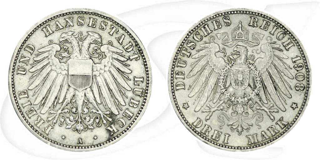 Lübeck 1908 3 Mark Wappen Münze Vorderseite und Rückseite zusammen