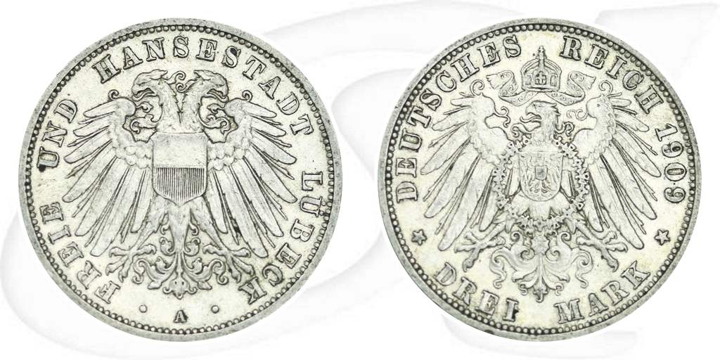 Lübeck 1909 3 Mark Wappen Münze Vorderseite und Rückseite zusammen