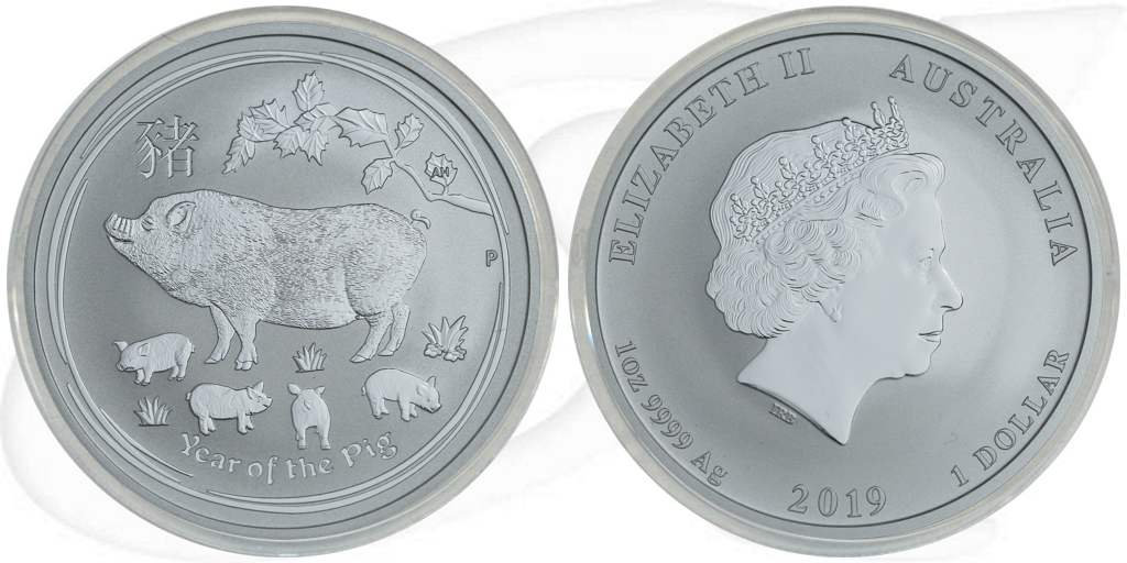 Australien 1$ 2019 BU Silber 31,10g (1 oz) fein Lunar II Jahr des Schweins Münze Vorderseite und Rückseite zusammen