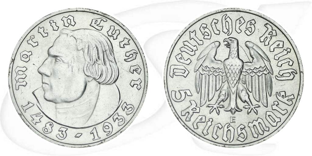 Luther 1933 5 Reichsmark E ss Münze Vorderseite und Rückseite zusammen