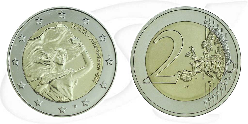 Malta 2014 2 Euro Unabhängigkeit mit Füllhorn Münze Vorderseite und Rückseite zusammen