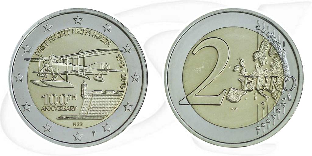 Malta 2015 2 Euro Erstflug mit Füllhorn Münze Vorderseite und Rückseite zusammen
