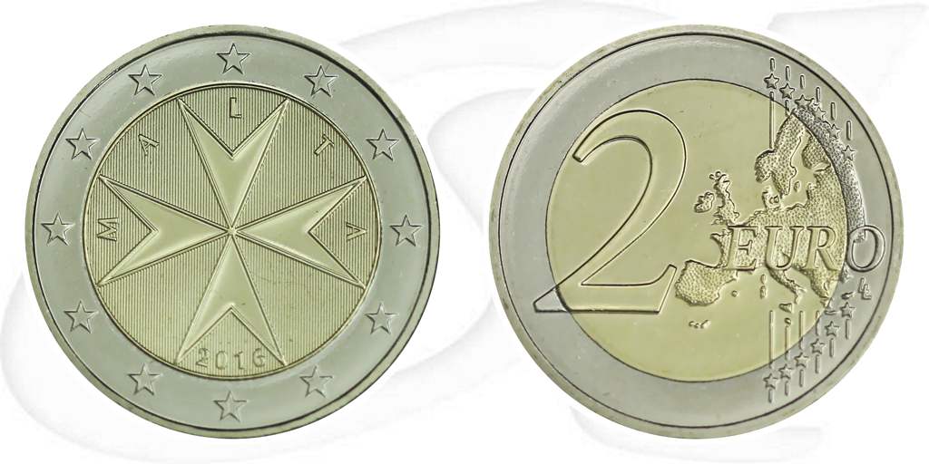 Malta 2016 2 Euro Umlauf Münze Kurs Münze Vorderseite und Rückseite zusammen