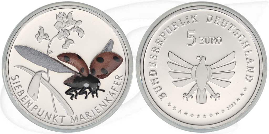 marienkaefer-2023-5-euro-deutschland-wunderwelt-insekten Münze Vorderseite und Rückseite zusammen