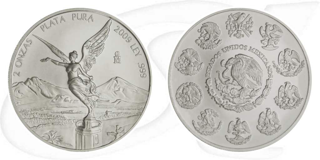 Mexiko 2009 2 Onzas Libertad Silber Münze Vorderseite und Rückseite zusammen