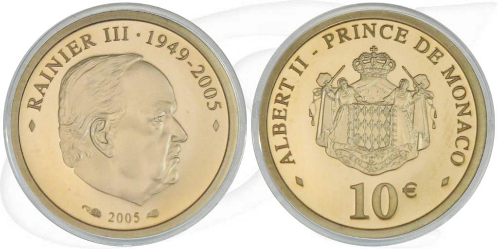 Monaco 10 Euro 2005 Gold (2,90g fein) Fürst Rainier III PP Münze Vorderseite und Rückseite zusammen