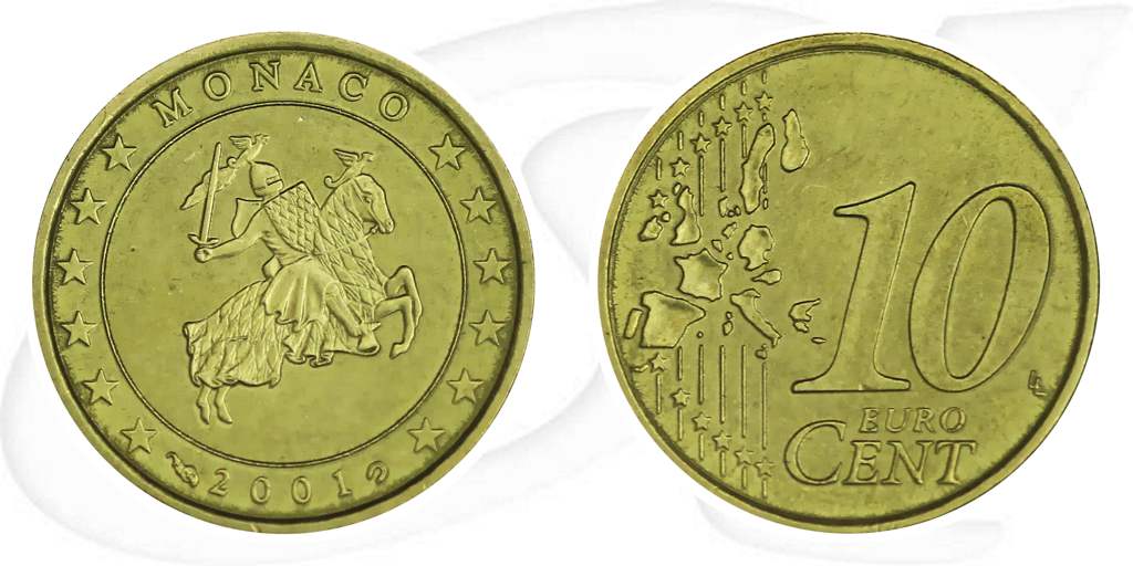 Monaco 2001 10 Cent Umlauf Münze Kurs Münze Vorderseite und Rückseite zusammen