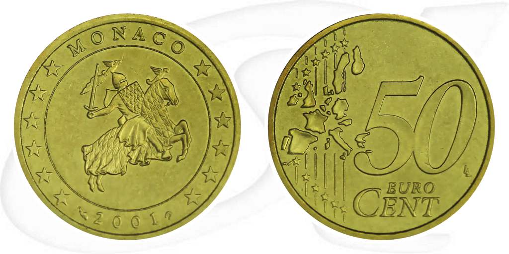 Monaco 2001 50 Cent Umlauf Münze Kurs Münze Vorderseite und Rückseite zusammen