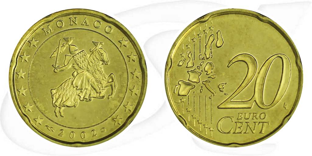 Monaco 2002 20 Cent Umlauf Münze Kurs Münze Vorderseite und Rückseite zusammen