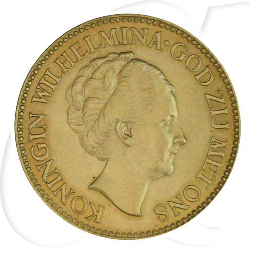 Niederlande 10 Gulden 1932 Gold 6,05g fein vz-st Wilhelmina I. Münzen-Bildseite
