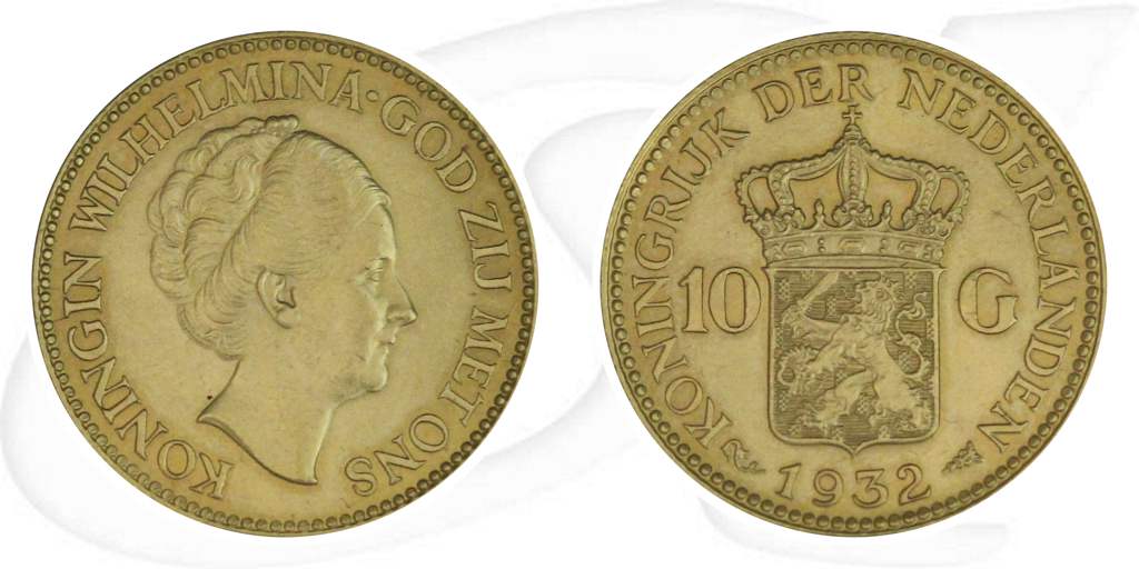 Niederlande 10 Gulden 1932 Gold 6,05g fein vz-st Wilhelmina I. Münze Vorderseite und Rückseite zusammen