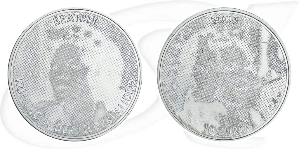 Niederlande 2005 Krönungsjubiläum 10 Euro Münze Vorderseite und Rückseite zusammen