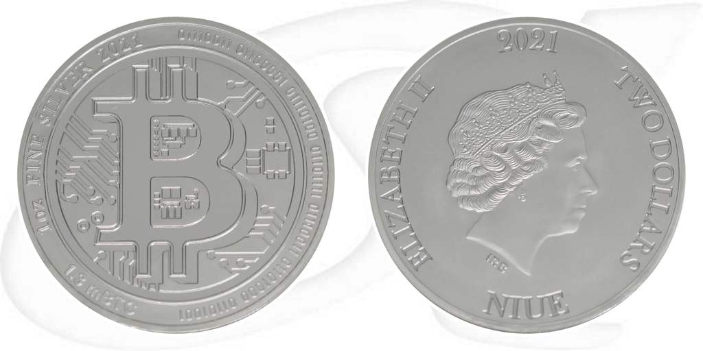 Niue 2021 Bitcoin 2 Dollar 1 Unze Silber Münze Vorderseite und Rückseite zusammen