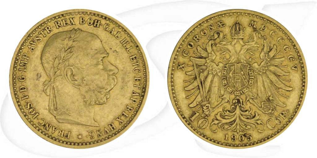 Österreich 10 Corona Gold (3,049 gr. fein) 1905 ss Franz Josef I. Münze Vorderseite und Rückseite zusammen
