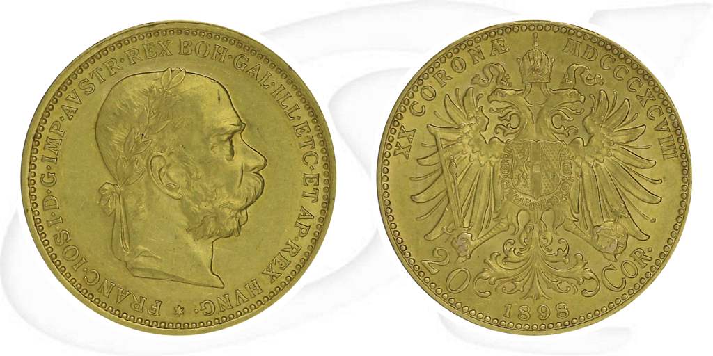 Österreich 20 Kronen 1898 Gold 6,10 gr. fein vz Franz Josef I. Münze Vorderseite und Rückseite zusammen