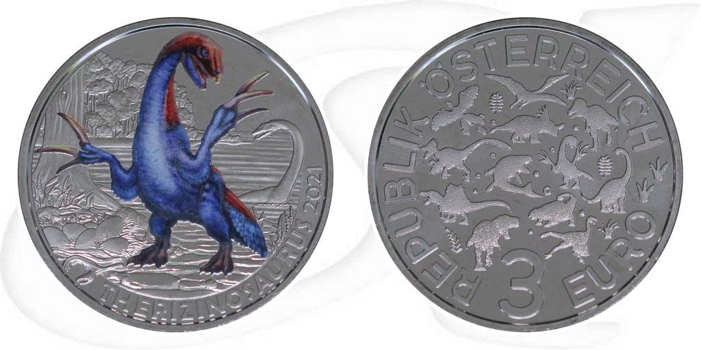 Österreich 2021 Therizinosaurus 3 Euro Münze Vorderseite und Rückseite zusammen
