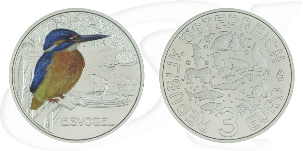 Österreich Münze 3 Euro Tier-Taler 2017 Eisvogel Bildseite teilweise coloriert und Wertseite