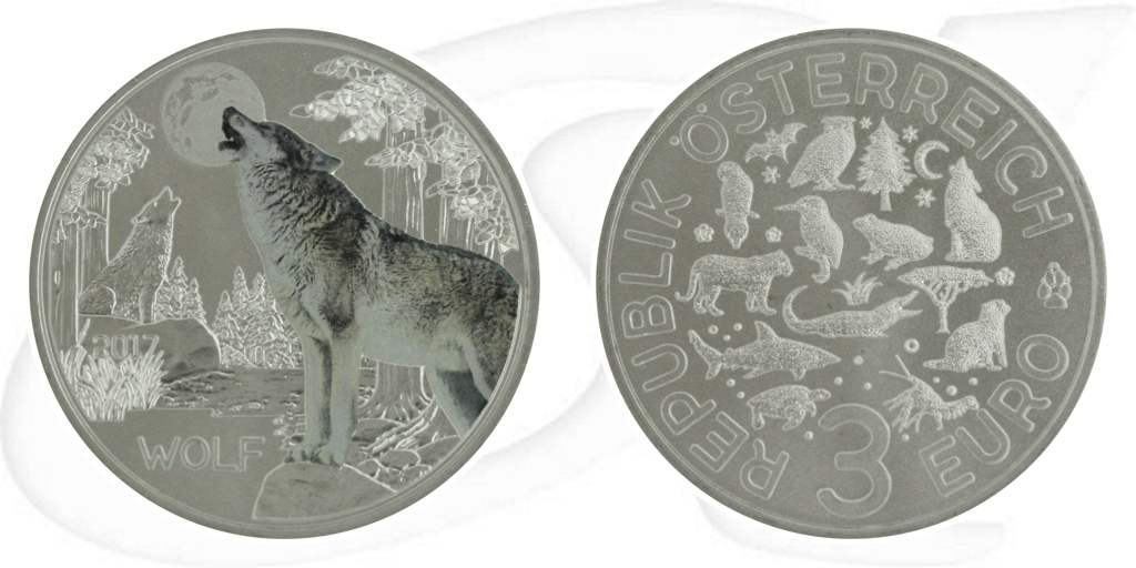 Österreich 3 Euro 2017 teilcoloriert Tier-Taler Wolf handgehoben Münze Vorderseite und Rückseite zusammen