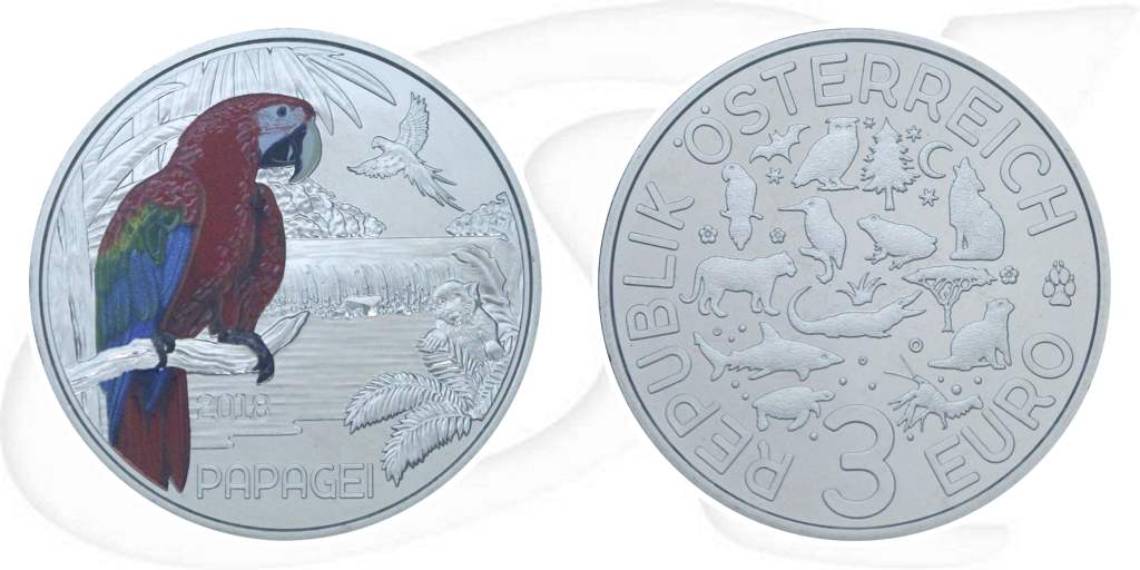 Österreich 3 Euro 2018 teilcoloriert Tier-Taler Papagei Münze Vorderseite und Rückseite zusammen