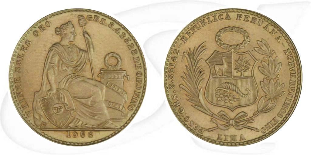 Peru 20 Soles 1966 Gold 8,42g fein sitzende Liberty prägefrisch / st Münze Vorderseite und Rückseite zusammen