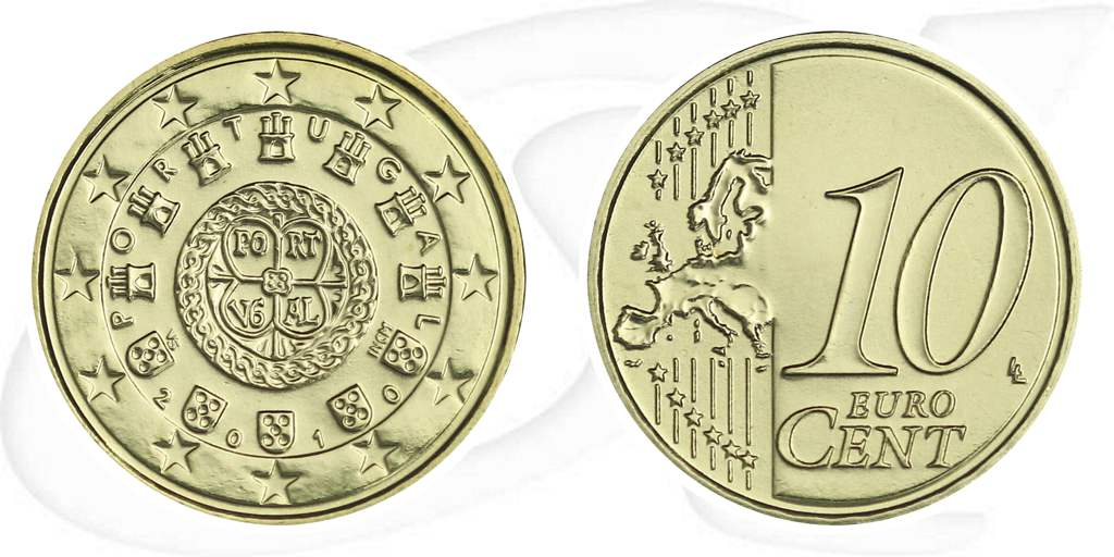 Portugal 2010 10 Cent Umlaufmünze Münze Vorderseite und Rückseite zusammen