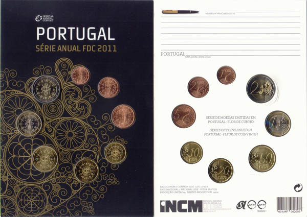 Portugal Kursmünzensatz (orig., nom. 3,88 Euro) 2011 st FDC Folder