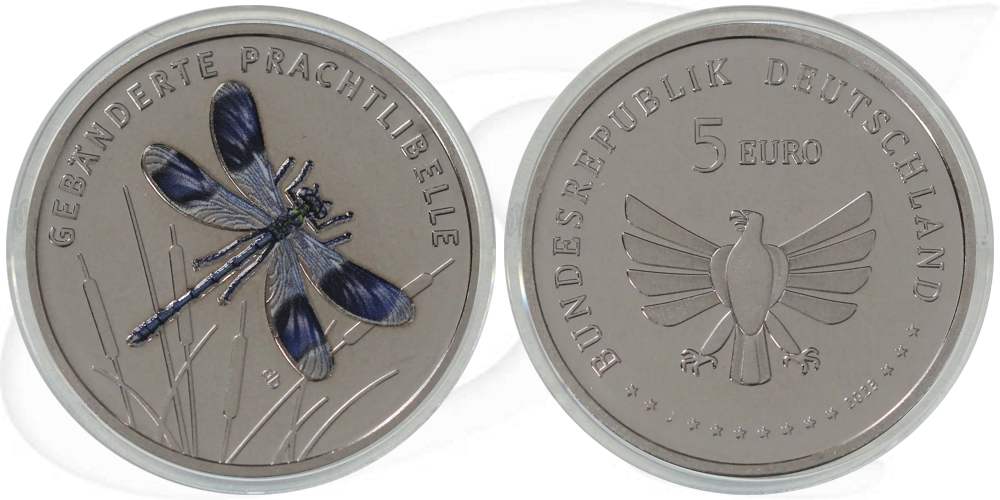prachtlibelle-2023-5-euro-deutschland-wunderwelt-insekten Münze Vorderseite und Rückseite zusammen