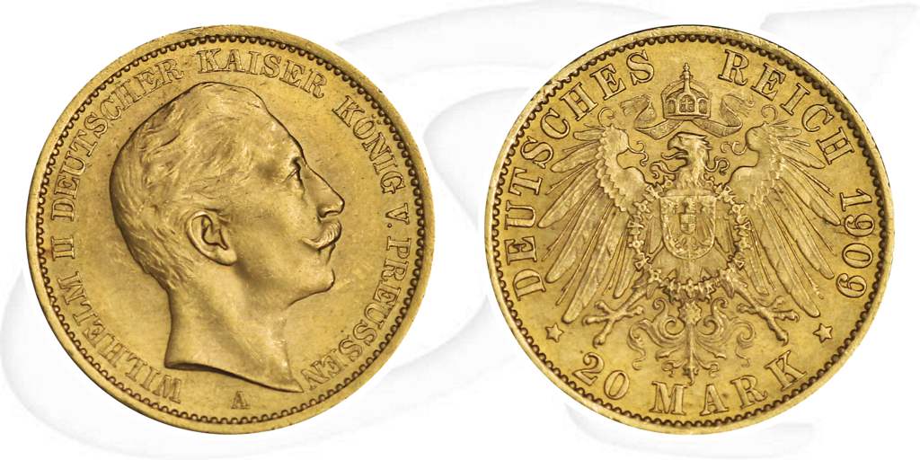 Preussen 1909 20 Mark Gold Deutschland Kaiserreich Wilhelm Münze Vorderseite und Rückseite zusammen