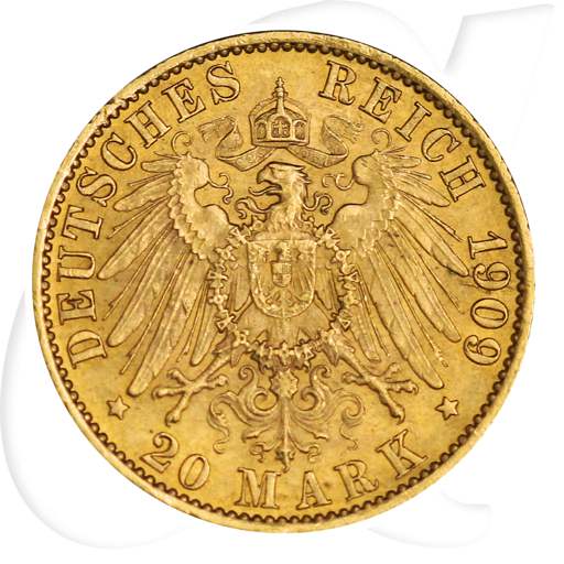 Preussen 1909 20 Mark Gold Deutschland Kaiserreich Wilhelm Münzen-Wertseite
