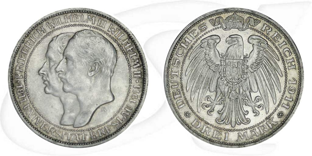 Preussen 1911 Breslau Uni 3 Mark Münze Vorderseite und Rückseite zusammen
