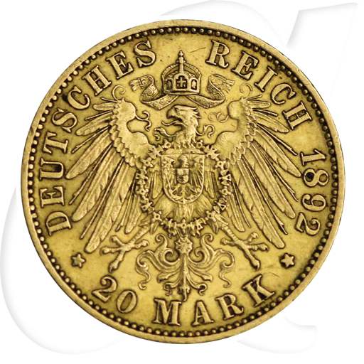 Preussen Gold 1892 20 Mark Wilhelm Deutschland Kaiserreich Münzen-Wertseite