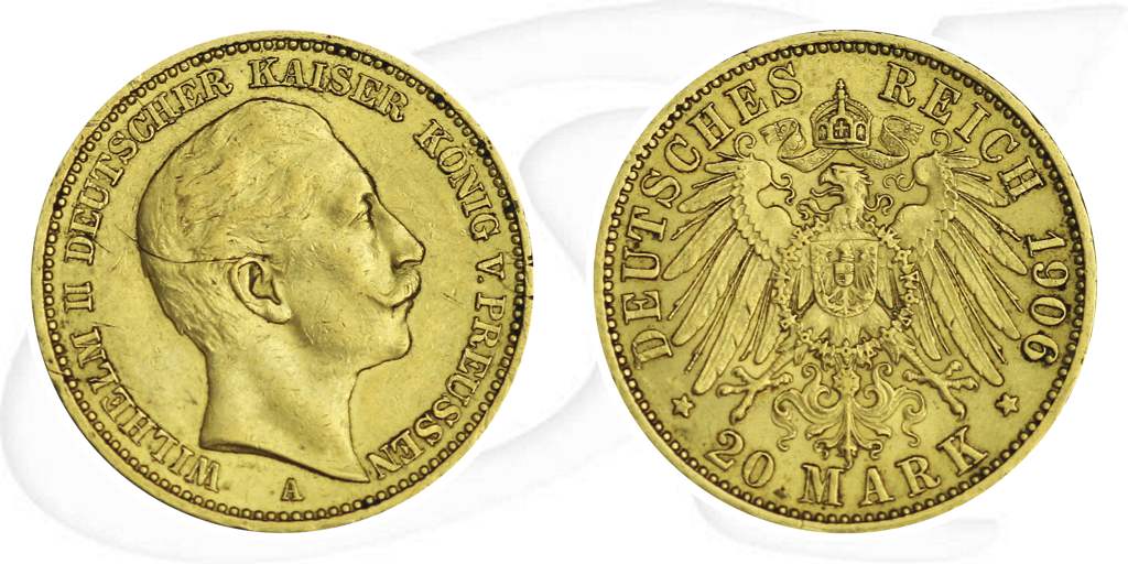 Preussen Gold 20 Mark 1906 Wilhelm Deutsches Kaiserreich Münze Vorderseite und Rückseite zusammen